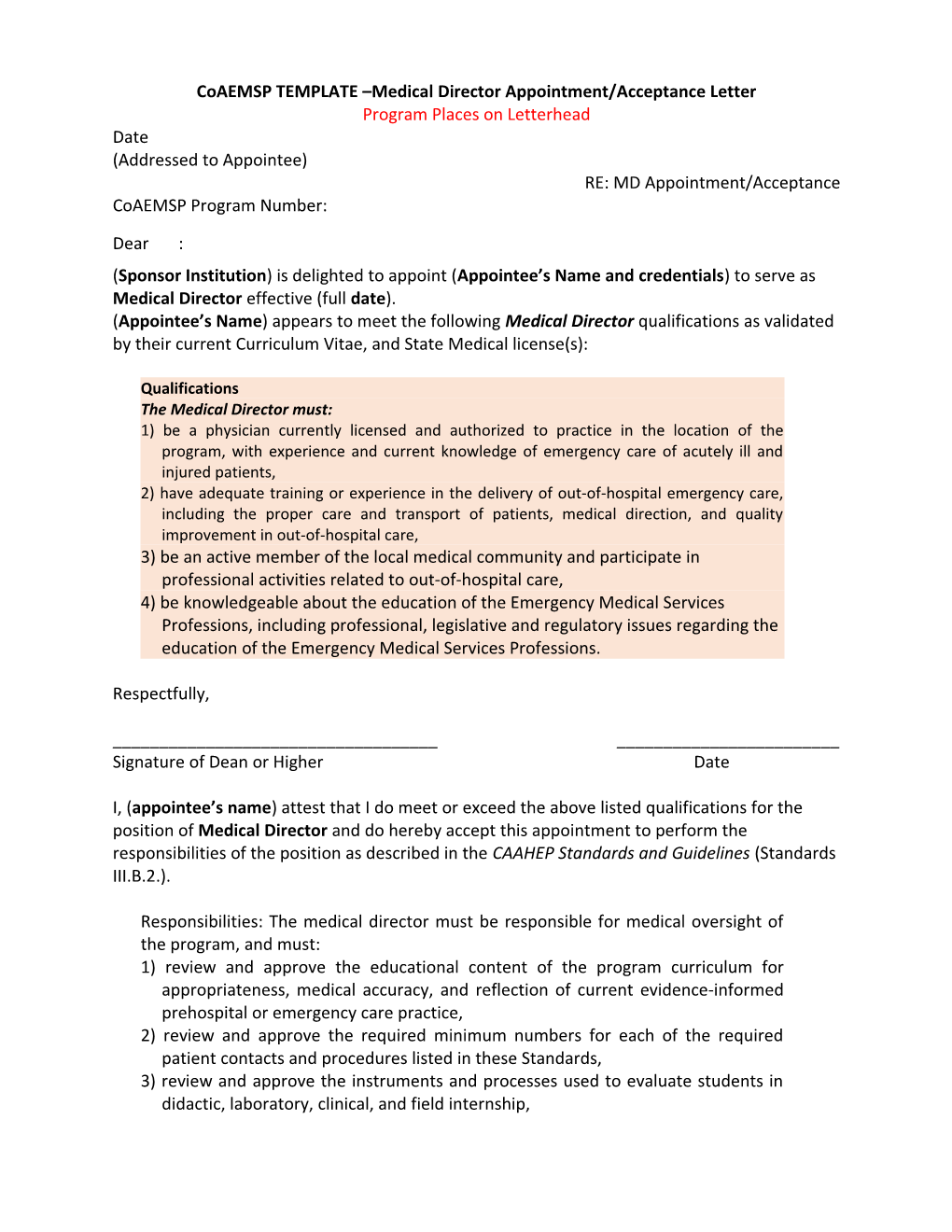 Coaemsp TEMPLATE Medical Director Appointment/Acceptance Letter