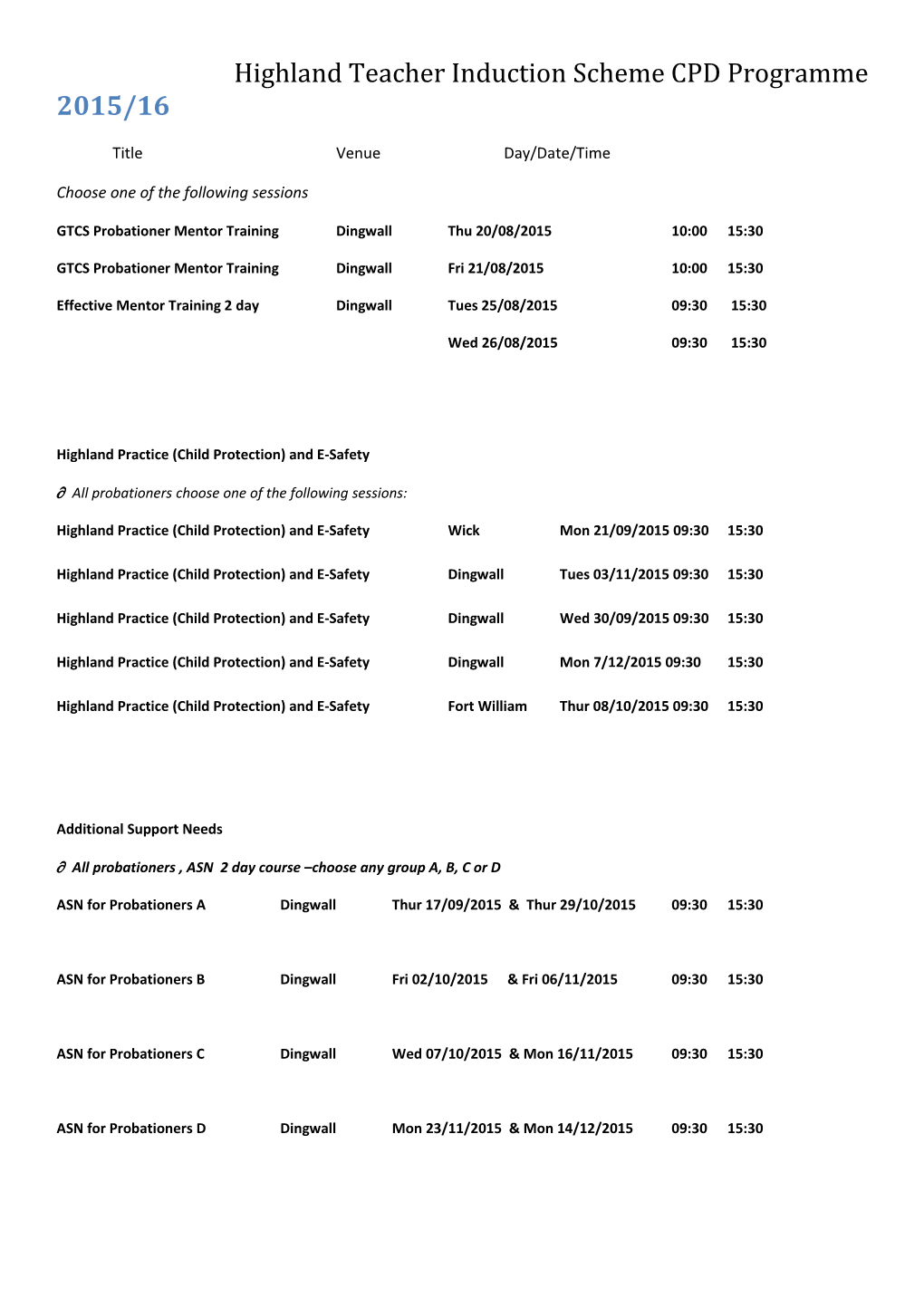 Highland Teacher Induction Scheme CPD Programme