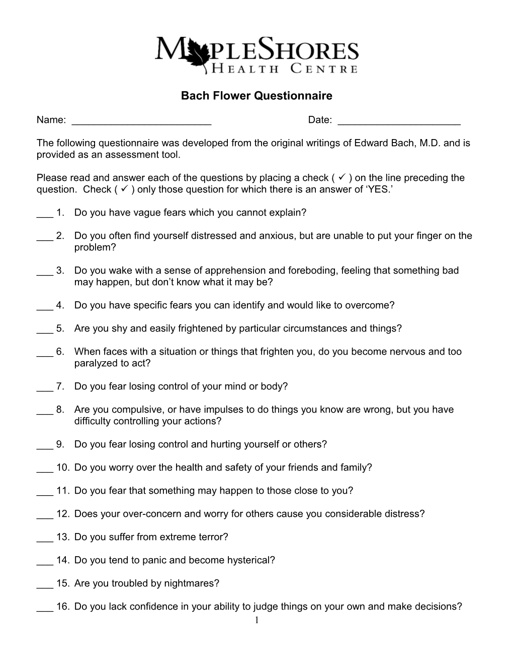 Bach Flower Questionnaire