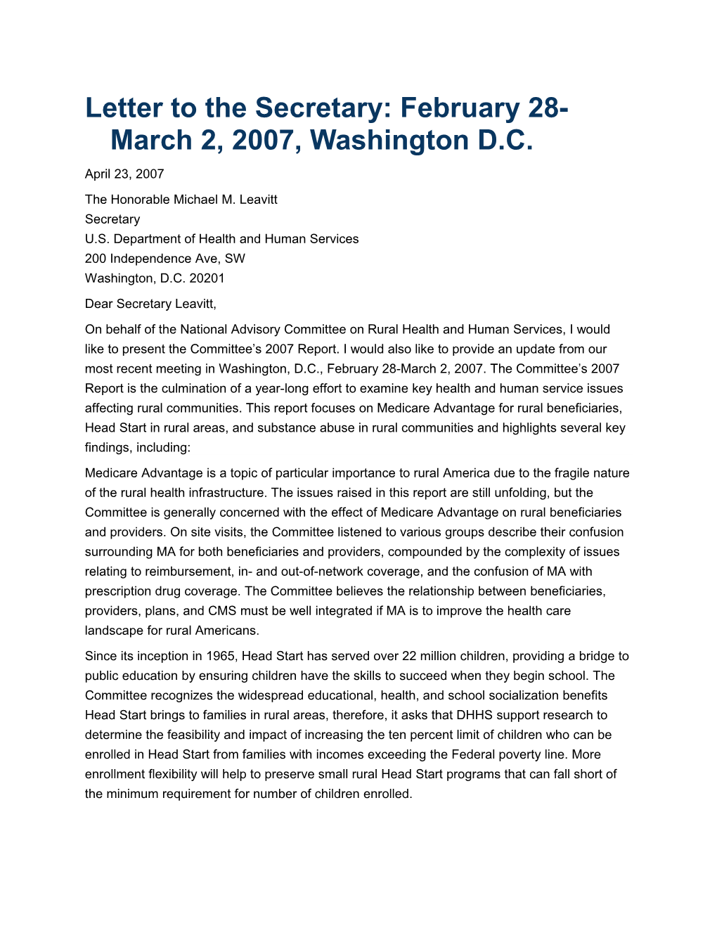 Letter to the Secretary: February 28-March 2, 2007, Washington D.C