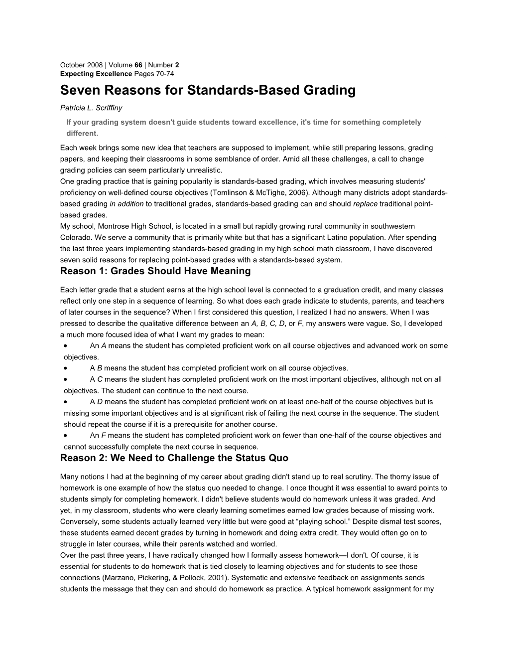 Seven Reasons for Standards-Based Grading