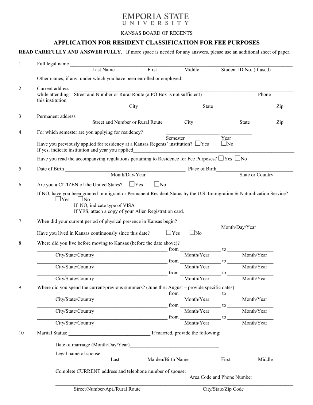Application for Resident Classification for Fee Purposes