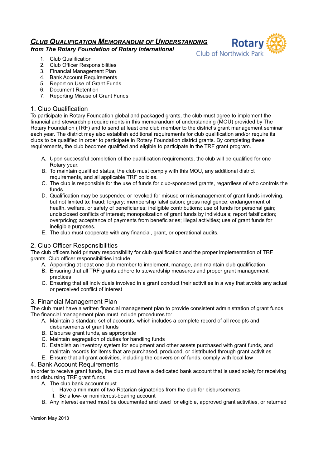 CLUB QUALIFICATION MEMORANDUM of Understandingfrom the Rotary Foundation of Rotary International