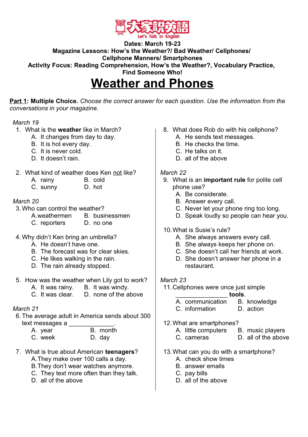 Magazine Lessons: How S the Weather?/ Bad Weather/ Cellphones