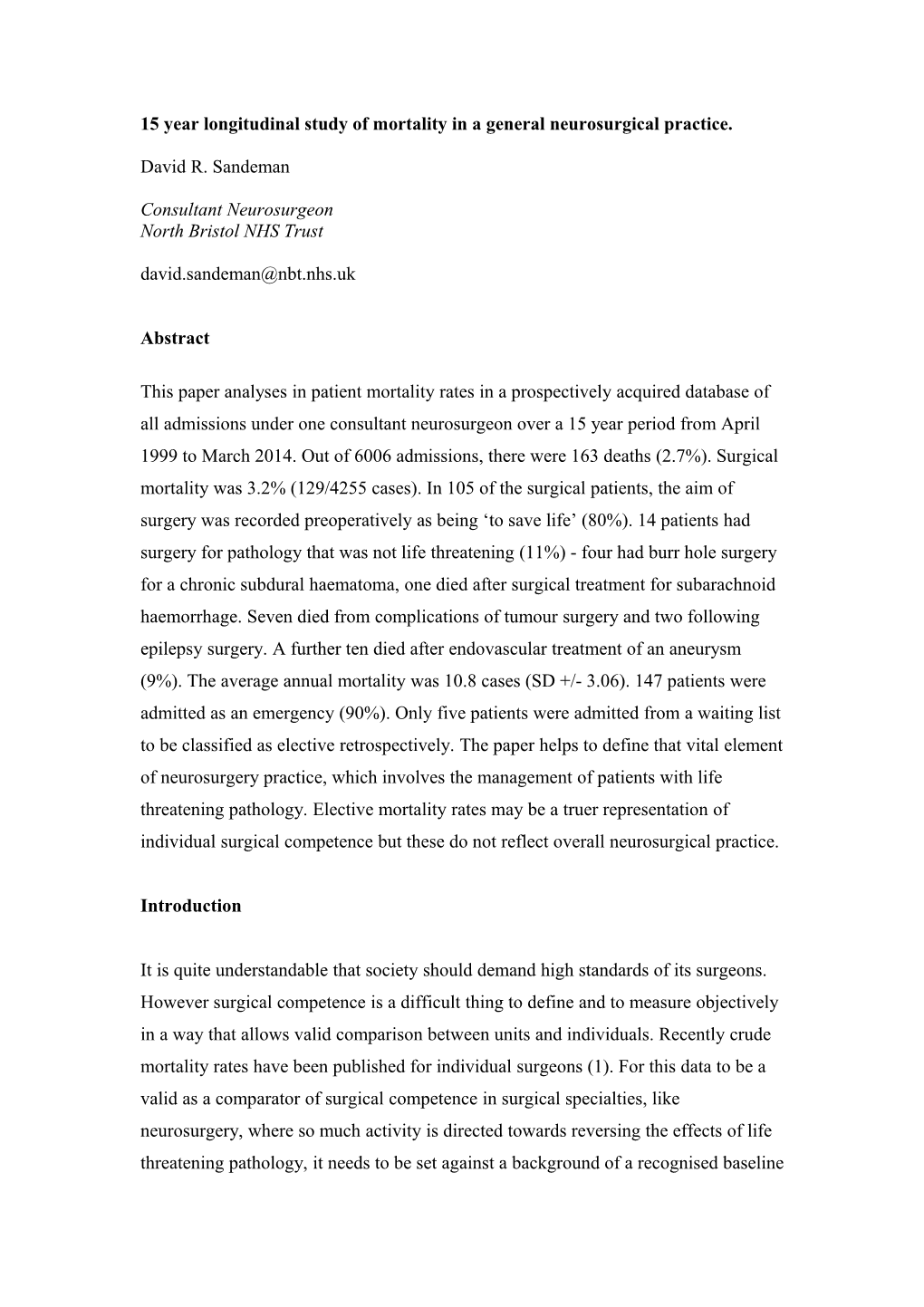 15 Year Longitudinal Study of Death Rates in a General Neurosurgical Practice