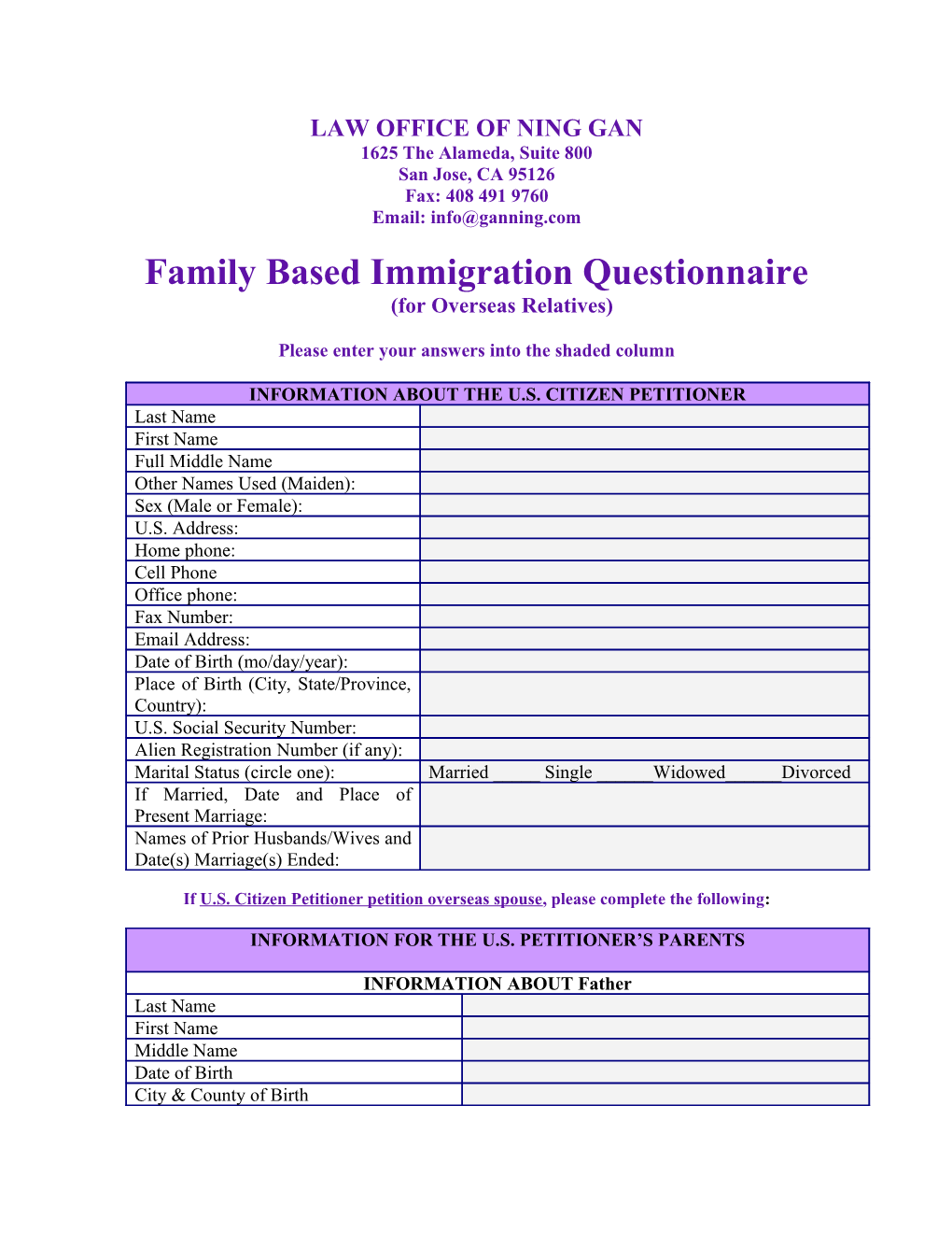 Family Based Immigration Questionnaire