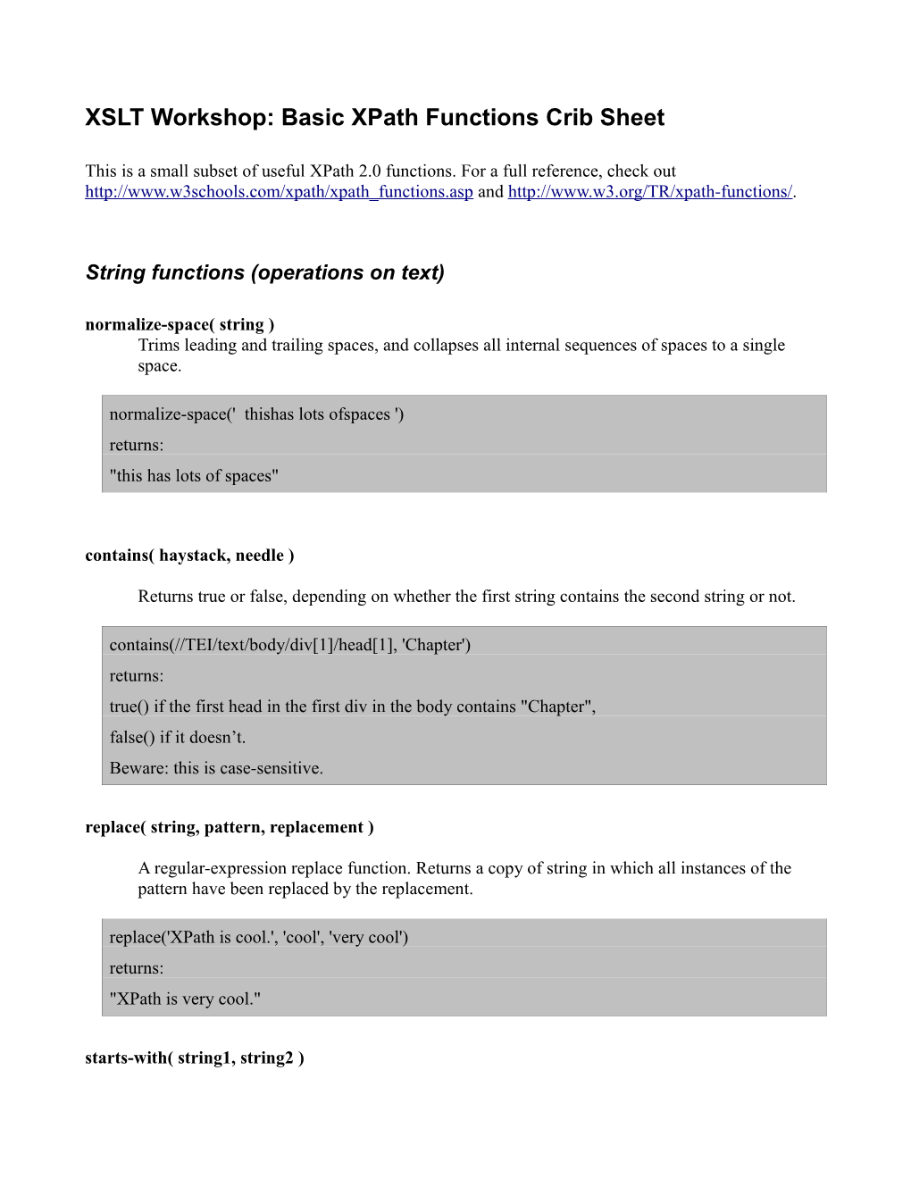 XSLT Workshop: Basic Xpath Functions Crib Sheet