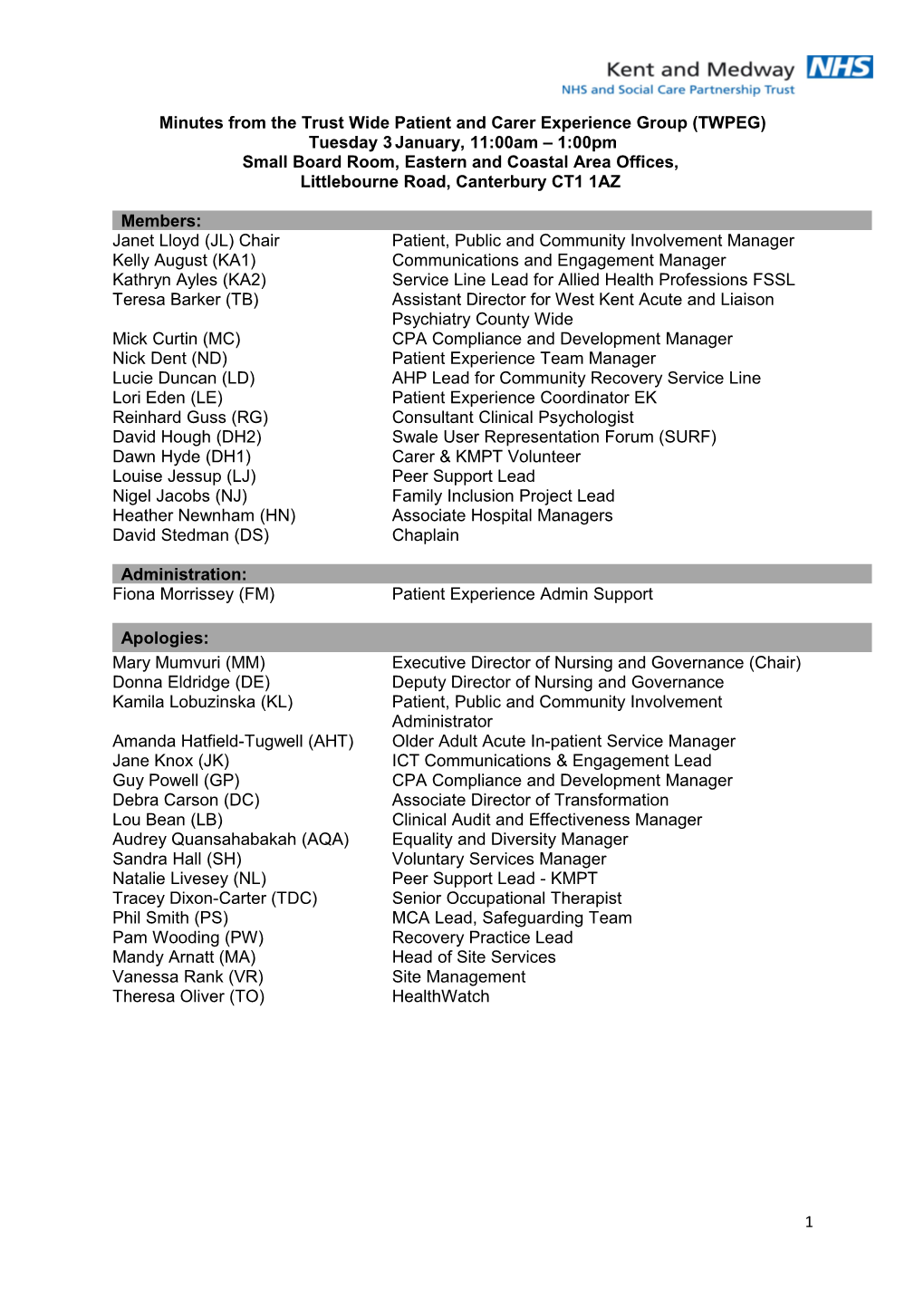 Minutes from the Trust Wide Patientand Carer Experience Group (TWPEG)