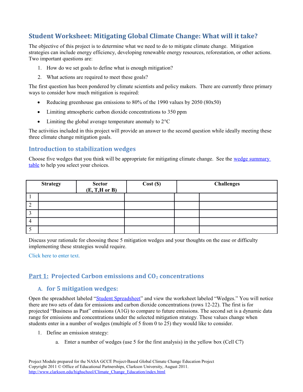 Student Worksheet: Mitigating Global Climate Change: What Will It Take?