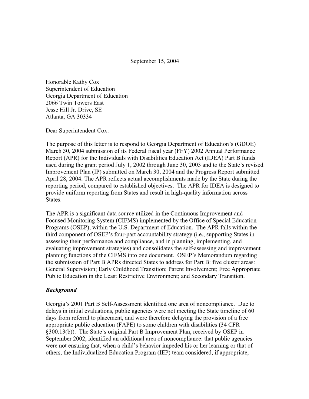 Georgia Part B APR Letter, 2002-2003 (MS Word)