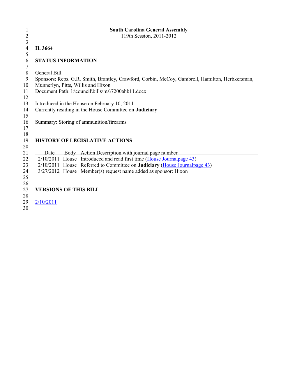 2011-2012 Bill 3664: Storing of Ammunition/Firearms - South Carolina Legislature Online