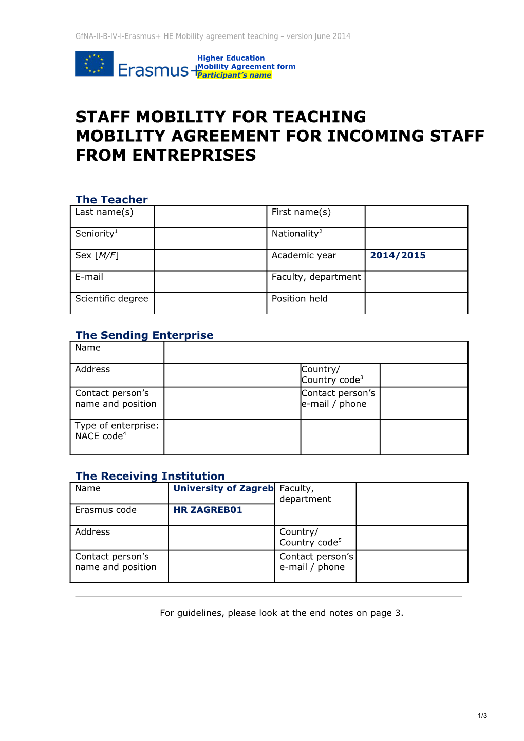 Mobility Agreement for Incoming Staff from Entreprises