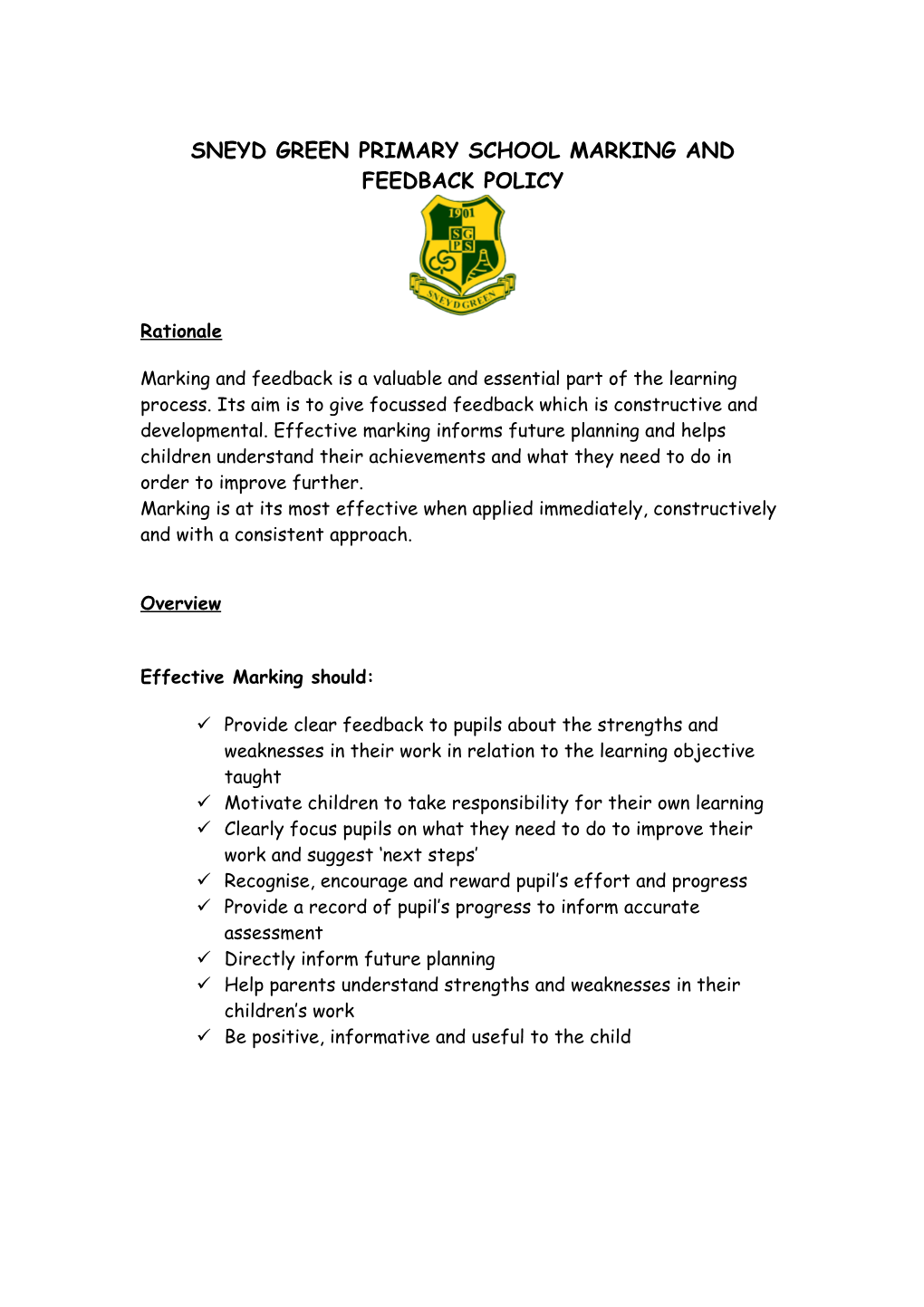 Sneyd Green Primary School Draft Marking Policy