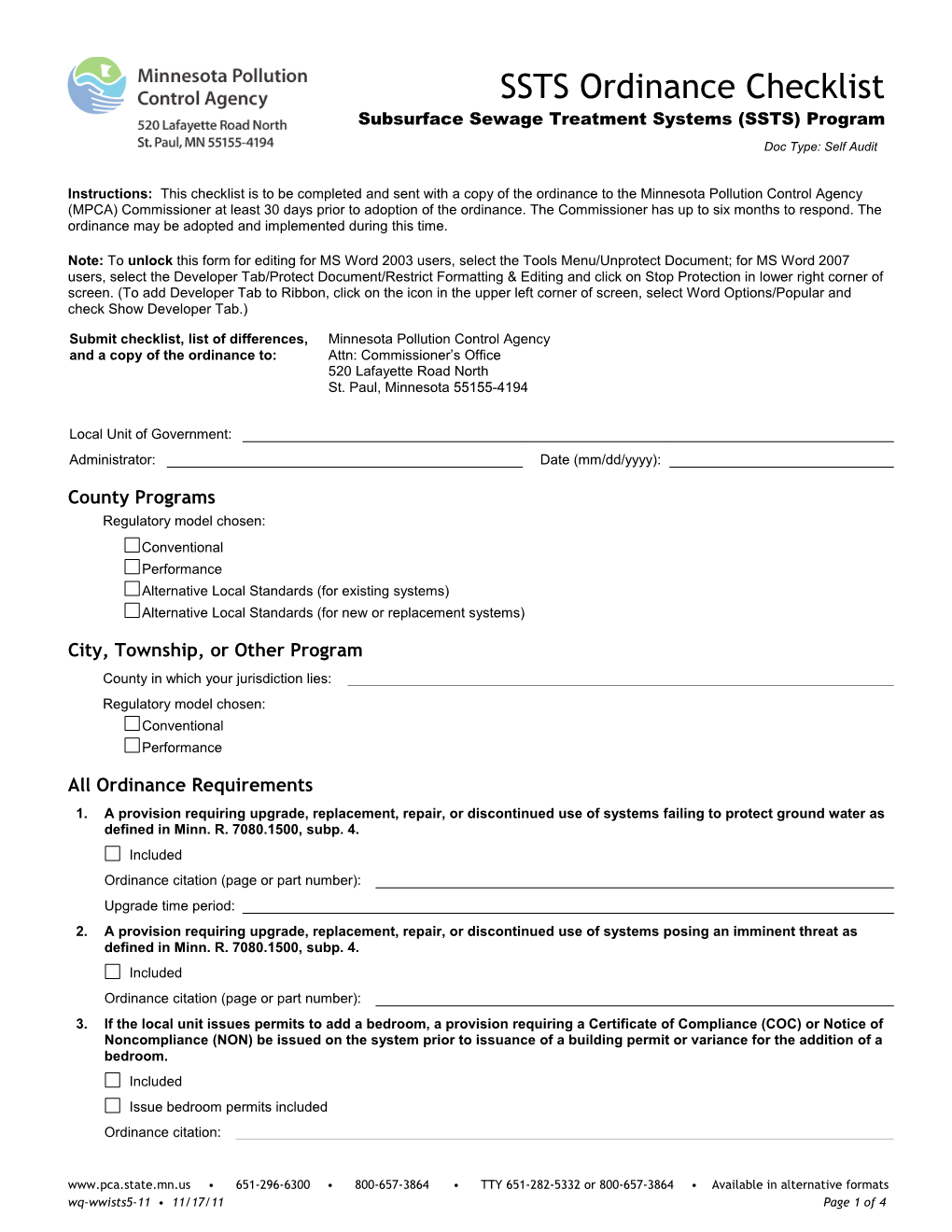 Subsurface Sewage Treatment System Ordinance Checklist