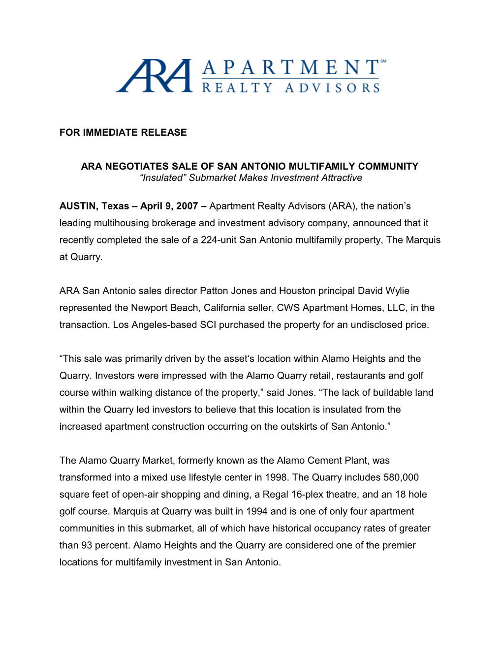 Ara Negotiates Sale of San Antonio Multifamily Community