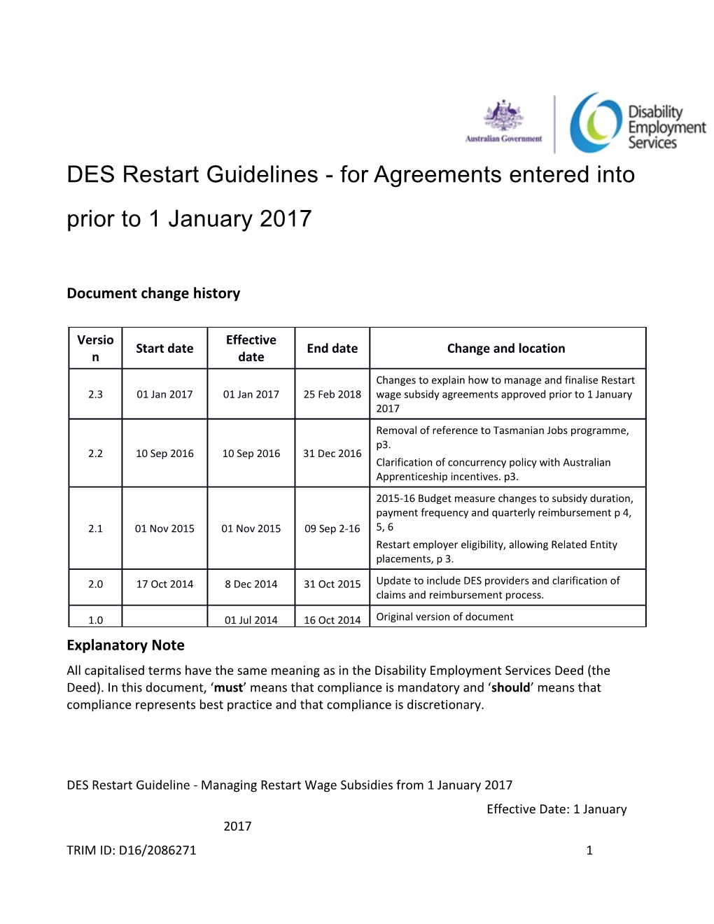 Managing DES Restart Wage Subsidies Prior to 1 January 2017 Guideline