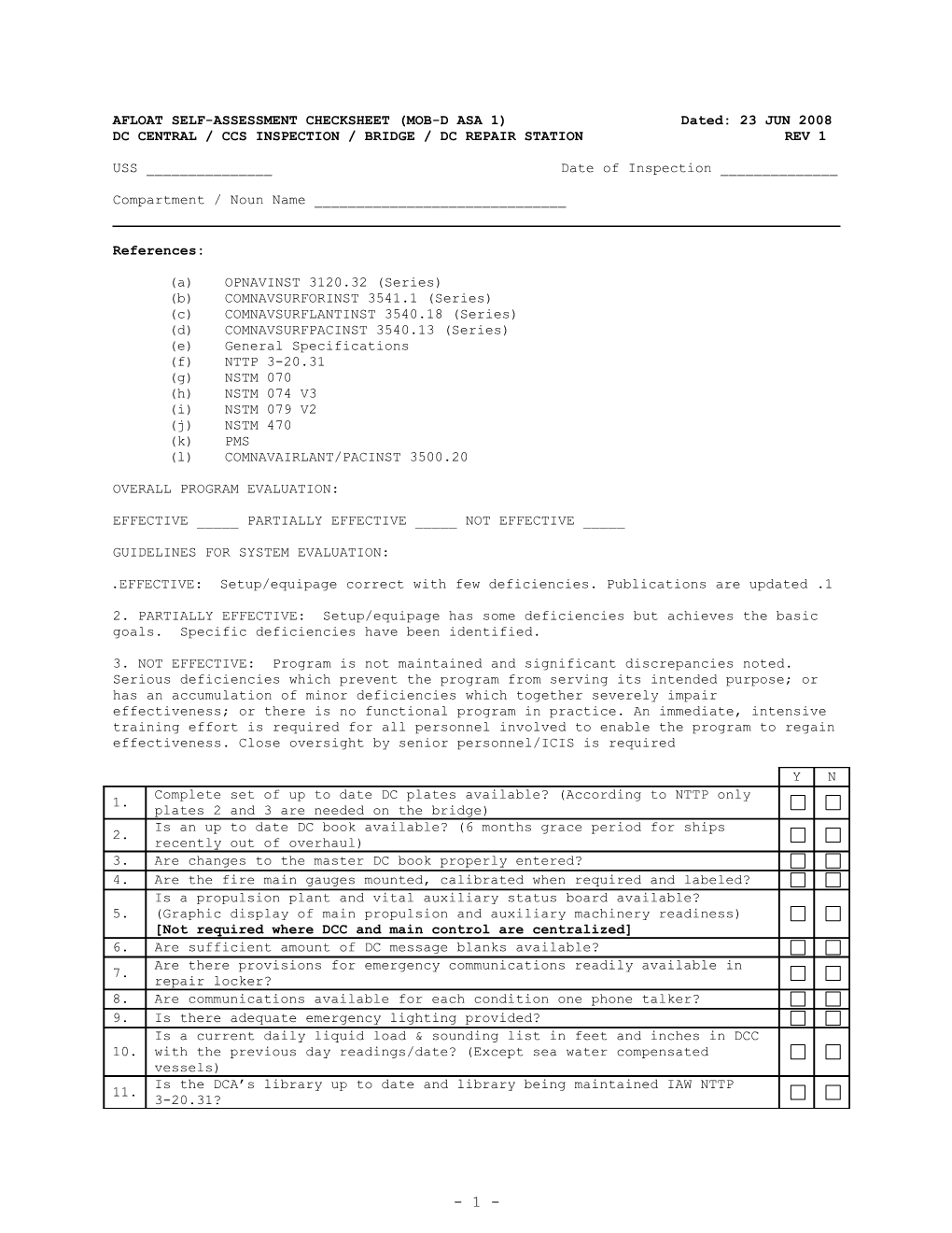 AFLOAT SELF-ASSESSMENT CHECKSHEET (MOB-D ASA 1)Dated: 23 JUN 2008
