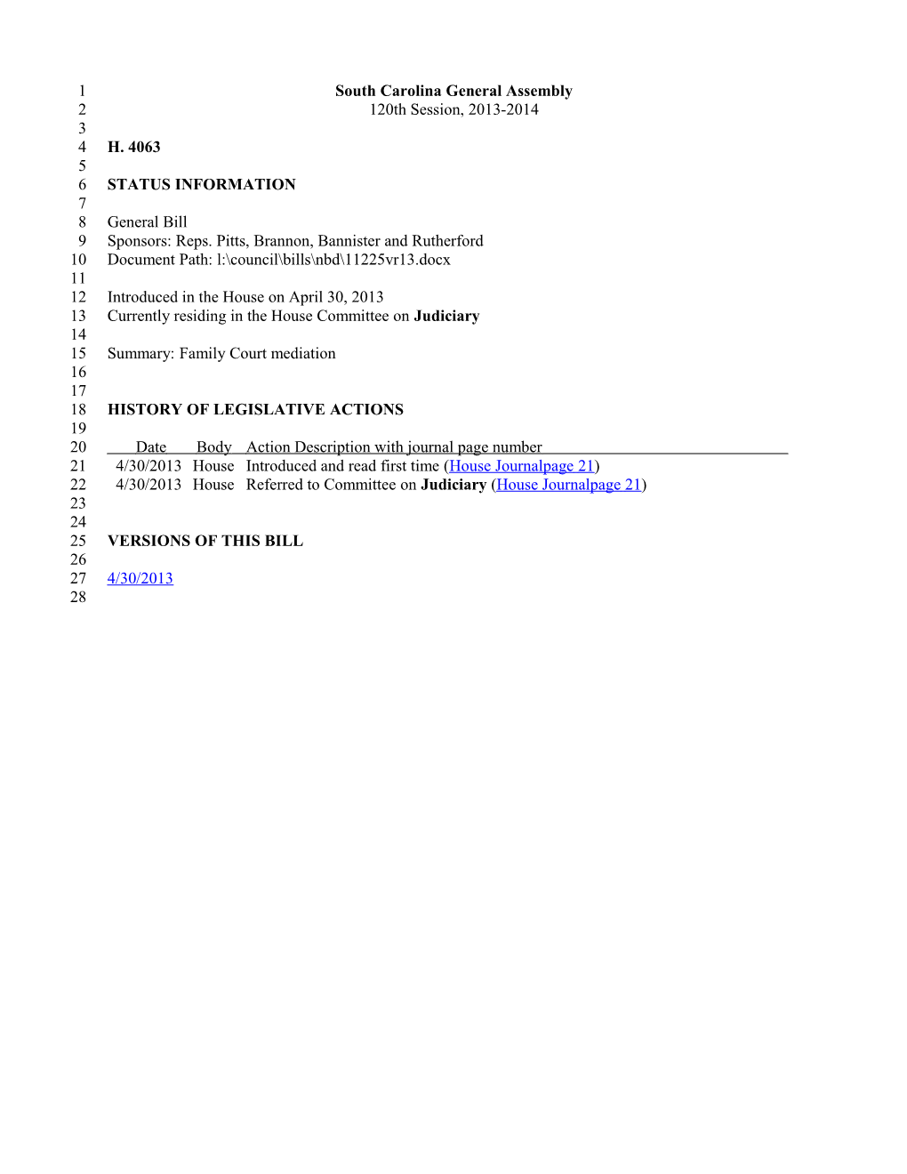 2013-2014 Bill 4063: Family Court Mediation - South Carolina Legislature Online