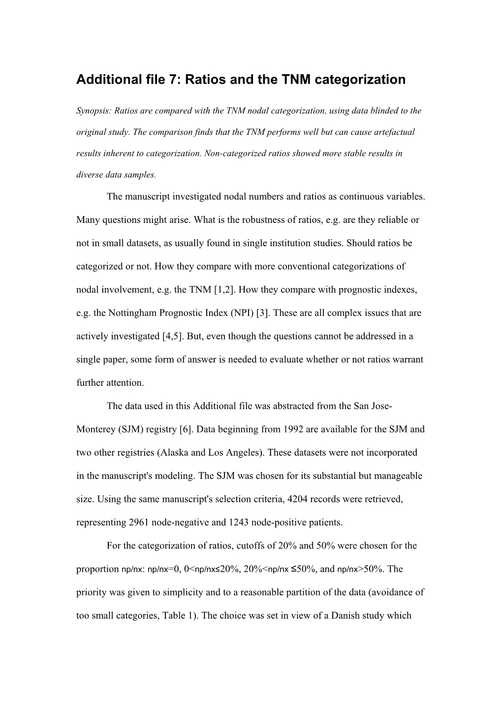 Additional File 71: Ratios and the TNM Categorization