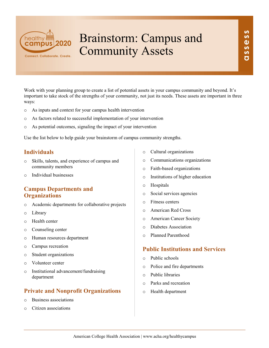 Work with Your Planning Group to Create a List of Potential Assets in Your Campus Community