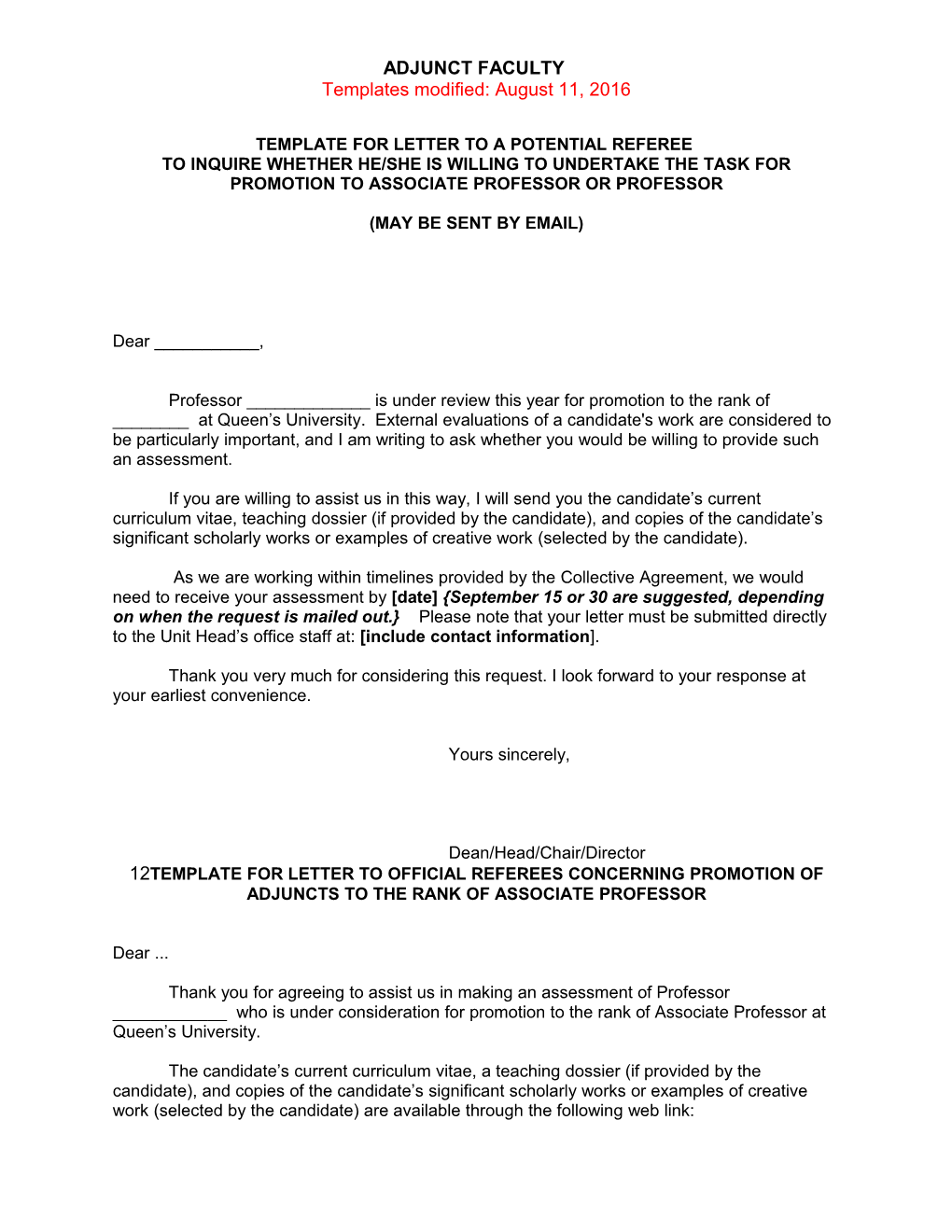 Template for Letter to External Referees Concerning Renewal of Appointment