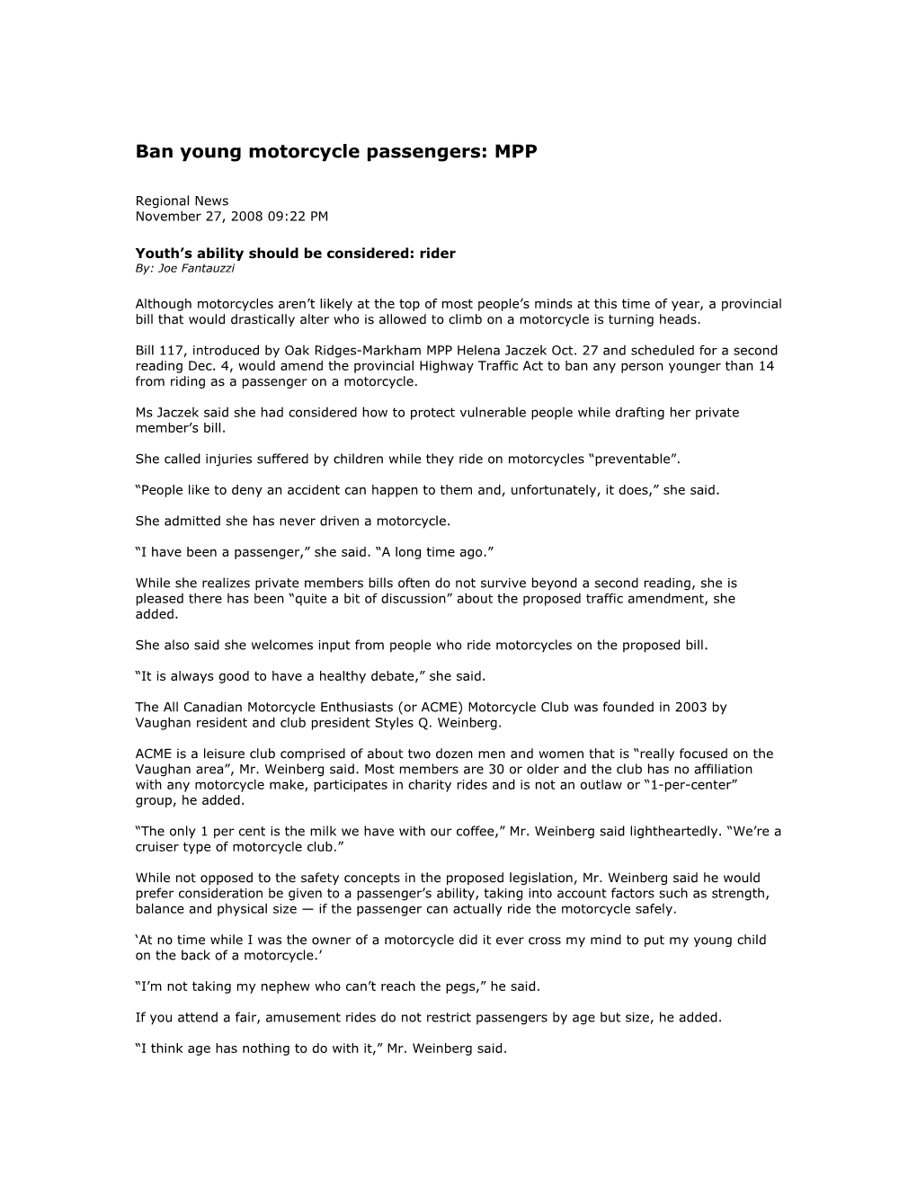 Ban Young Motorcycle Passengers: MPP