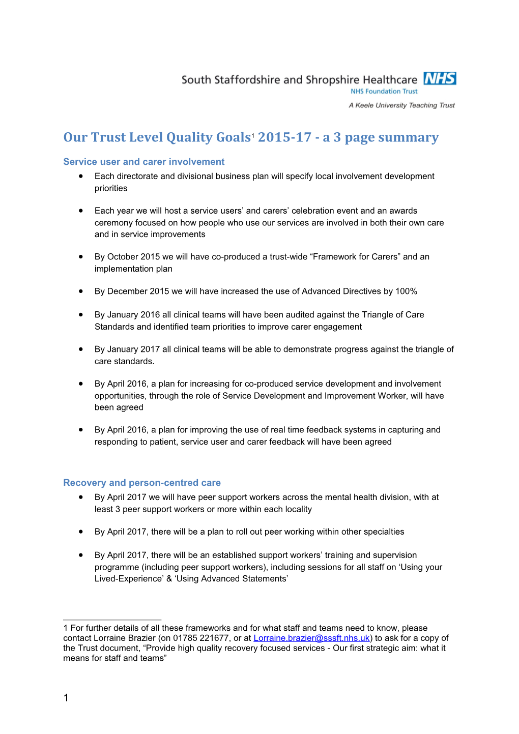 Our Trust Level Quality Goals 1 2015-17 - a 3 Page Summary