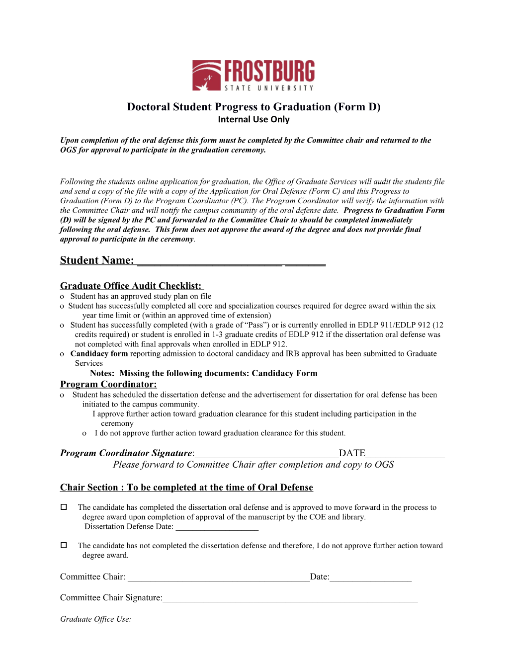 Doctoral Studentprogress to Graduation (Form D)