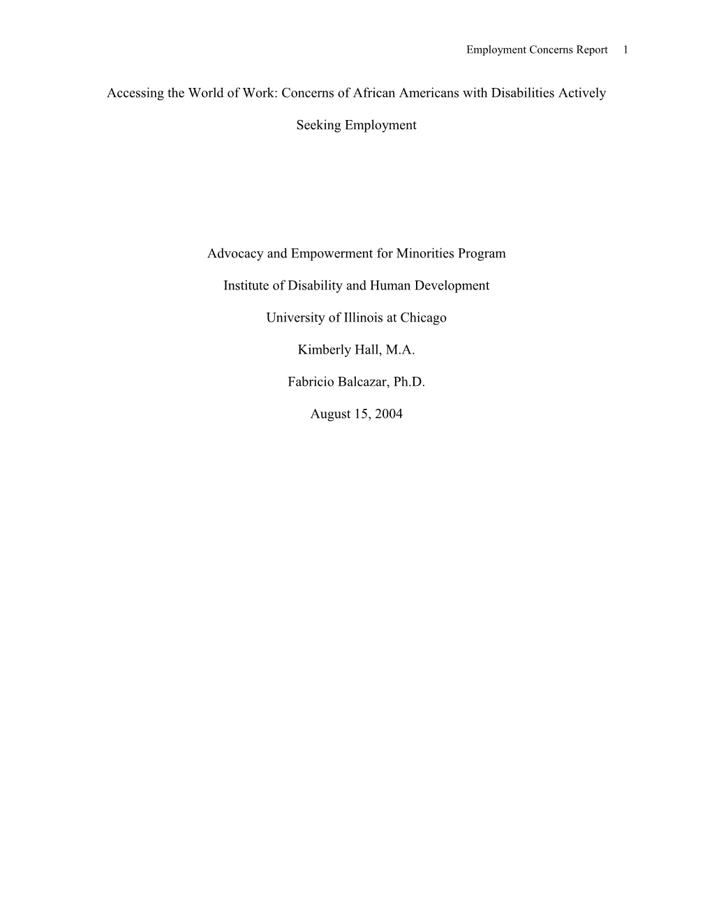 Accessing the World of Work: Concerns of African Americans with Disabilities Actively Seeking