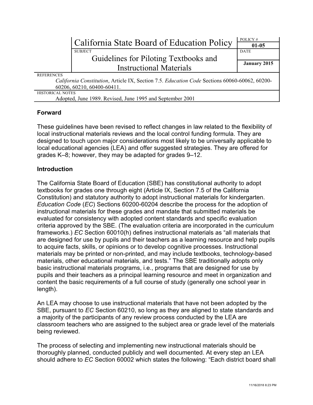 Guidelines for Piloting Textbooks and IM - Instructional Materials Adoption (CA Dept Of