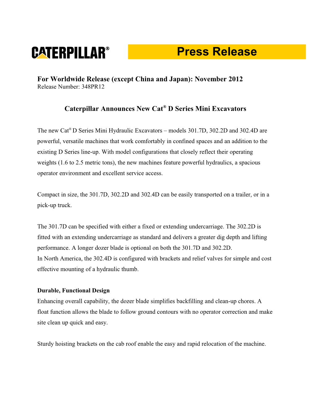 Caterpillar Announces New Cat Sup /Sup D Series Mini Excavators