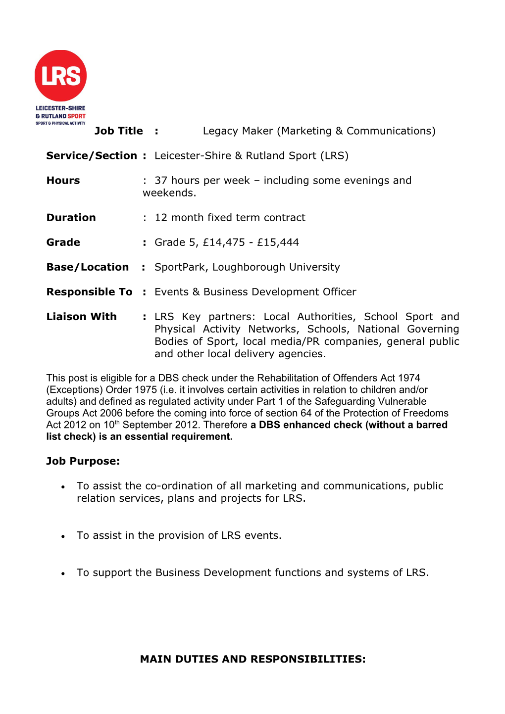 Service/Section: Leicester-Shire & Rutland Sport (LRS)