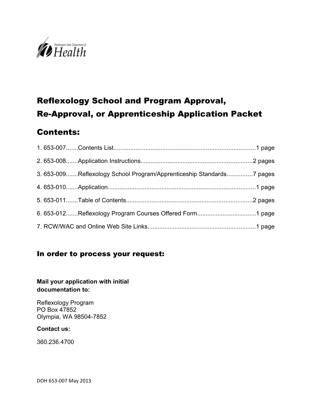 Massage School Program Approval, Re-Approval, Or Apprenticeship Application Packet