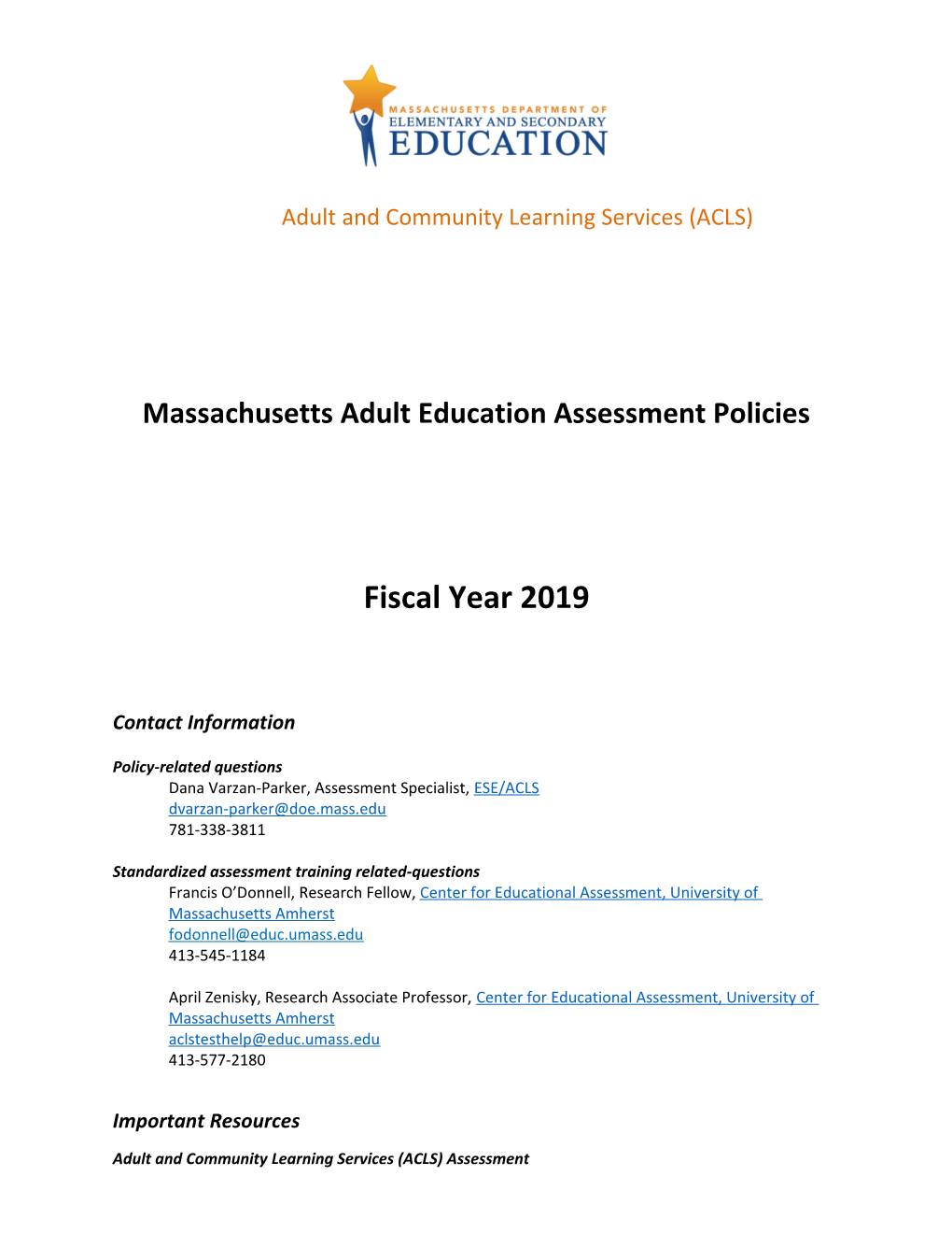 FY2019 Adult Education Assessment Policies