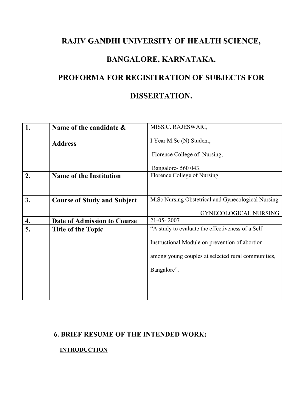 Proforma for Refisitration of Subjects for Dissertation