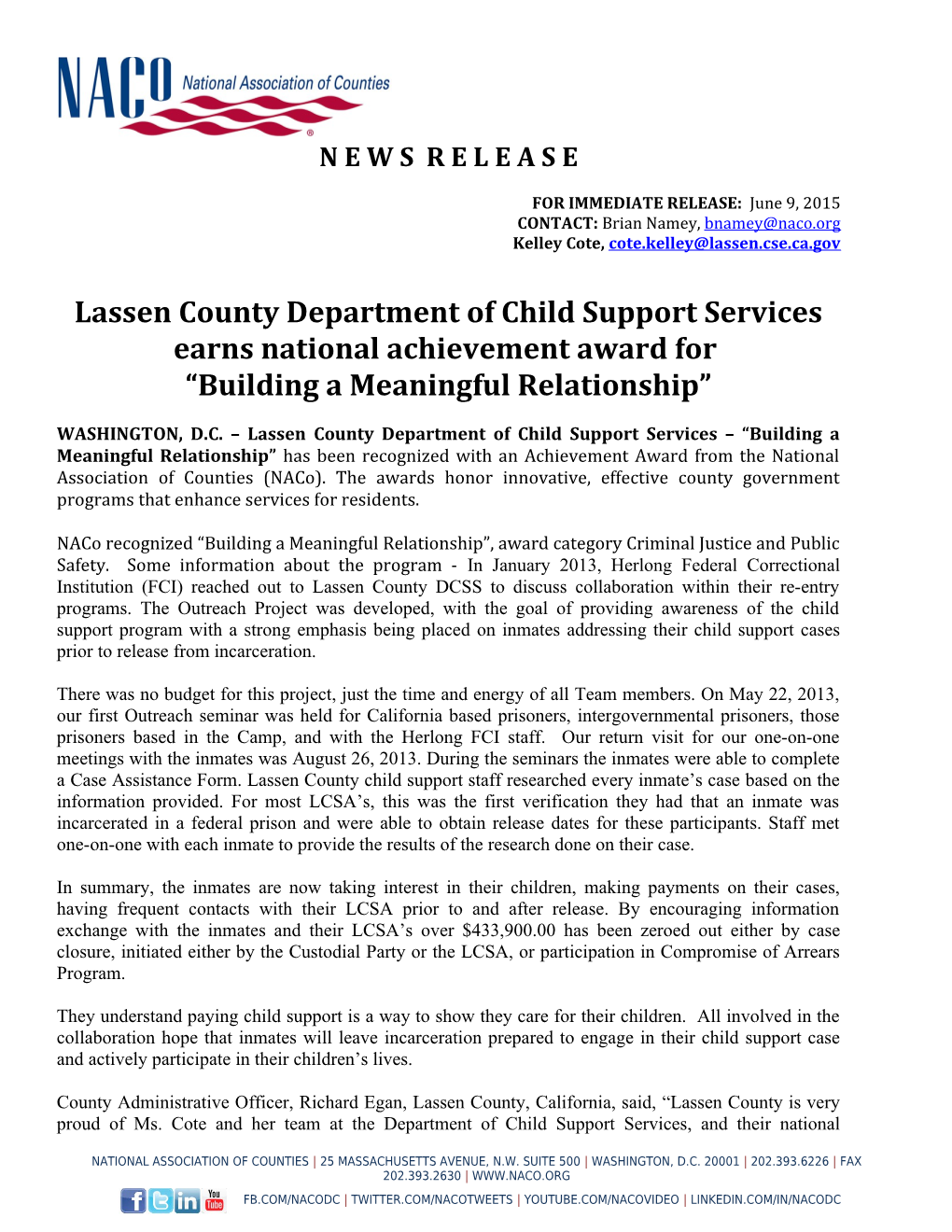 Lassen County Department of Child Support Services Earns National Achievement Award For