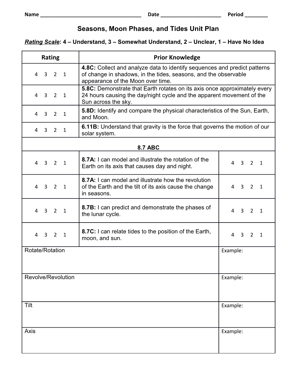 Seasons, Moon Phases, and Tides Unit Plan