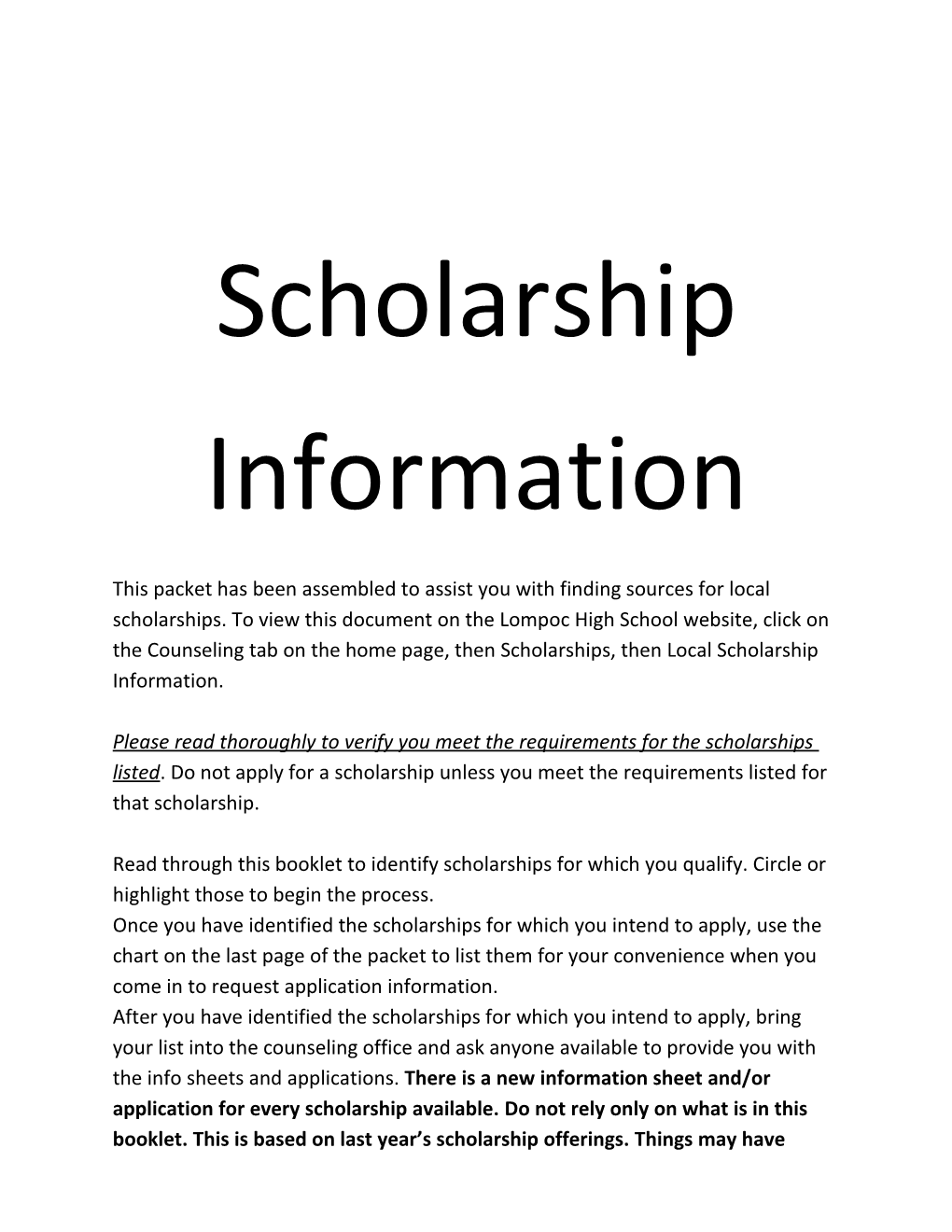 This Packet Has Been Assembled to Assist You with Finding Sources for Local Scholarships