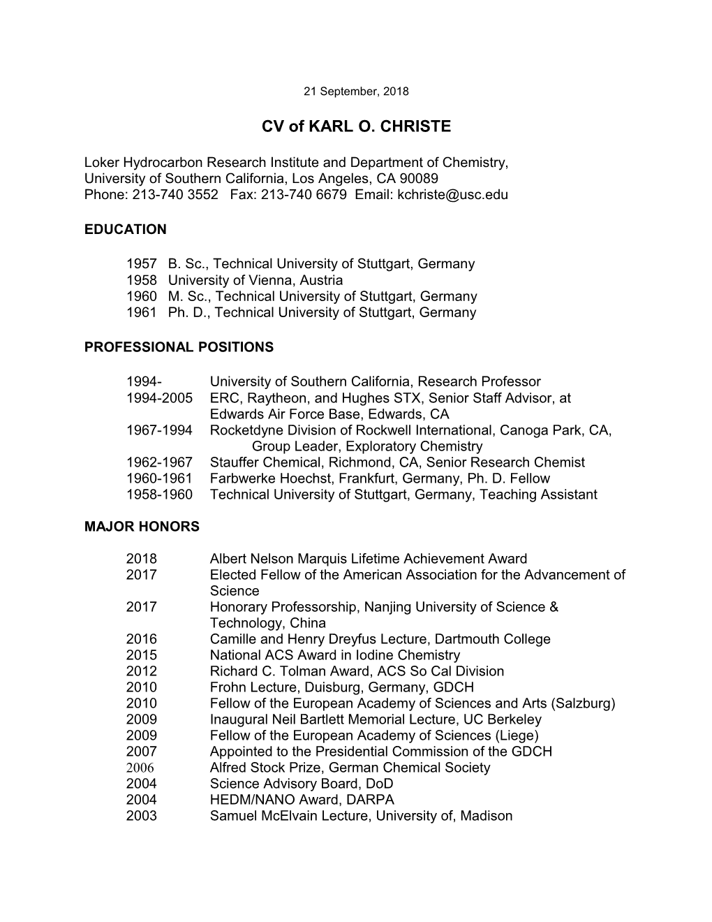 CV of KARL O. CHRISTE