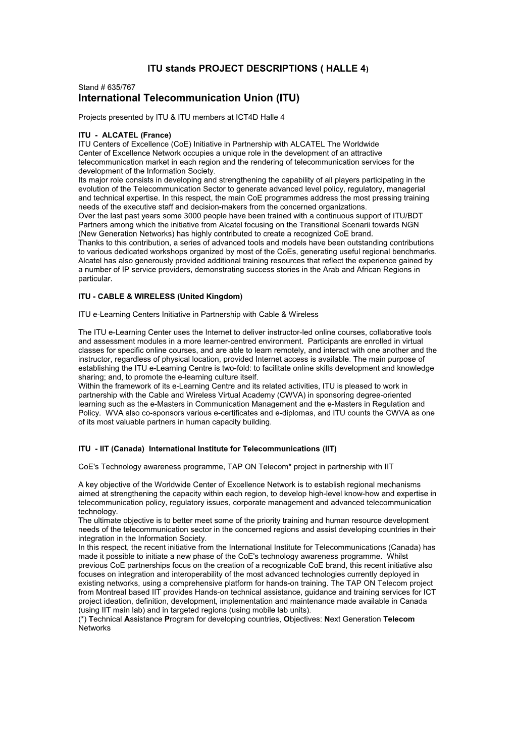 ITU Stands PROJECT DESCRIPTIONS ( HALLE 4)