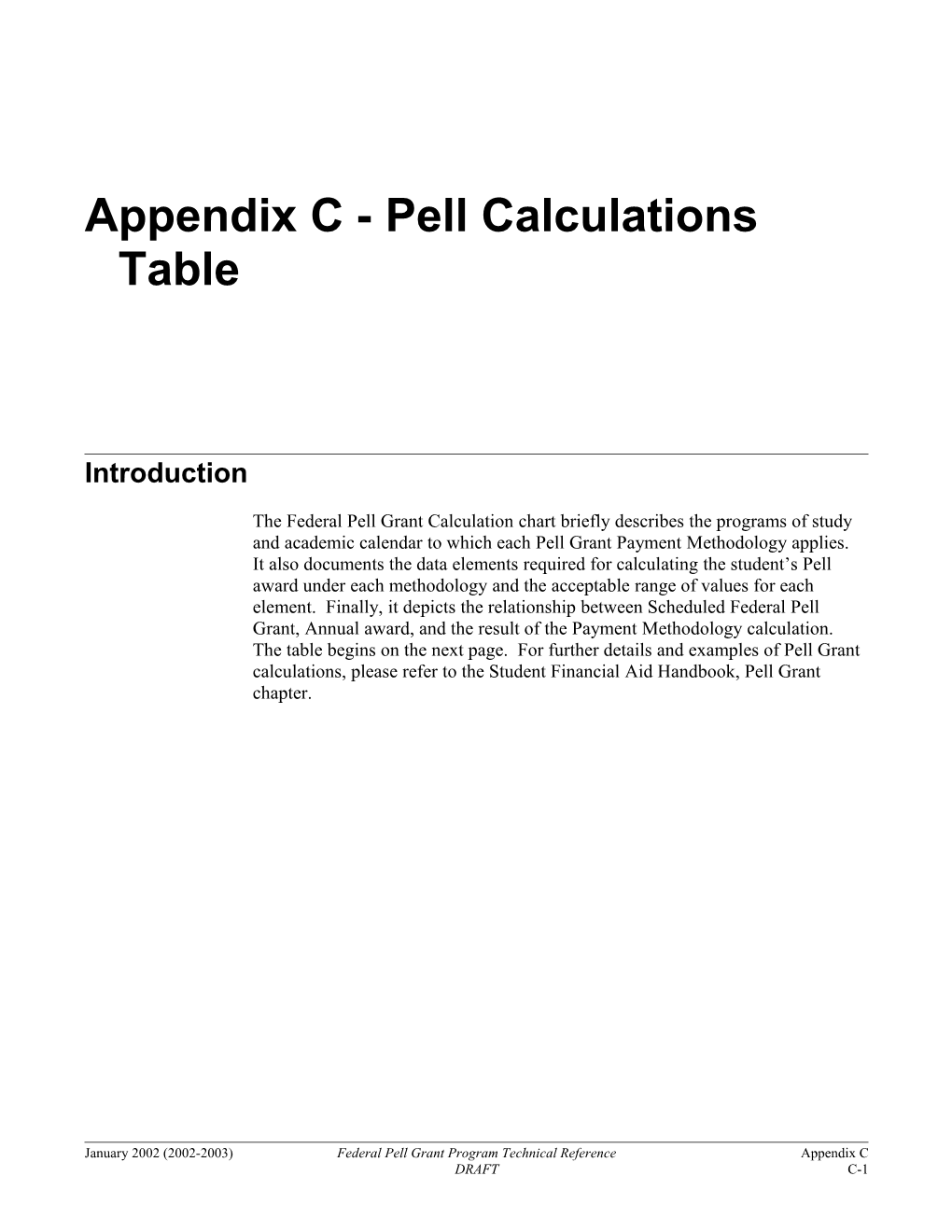 Appendix H Pell Calculations Table