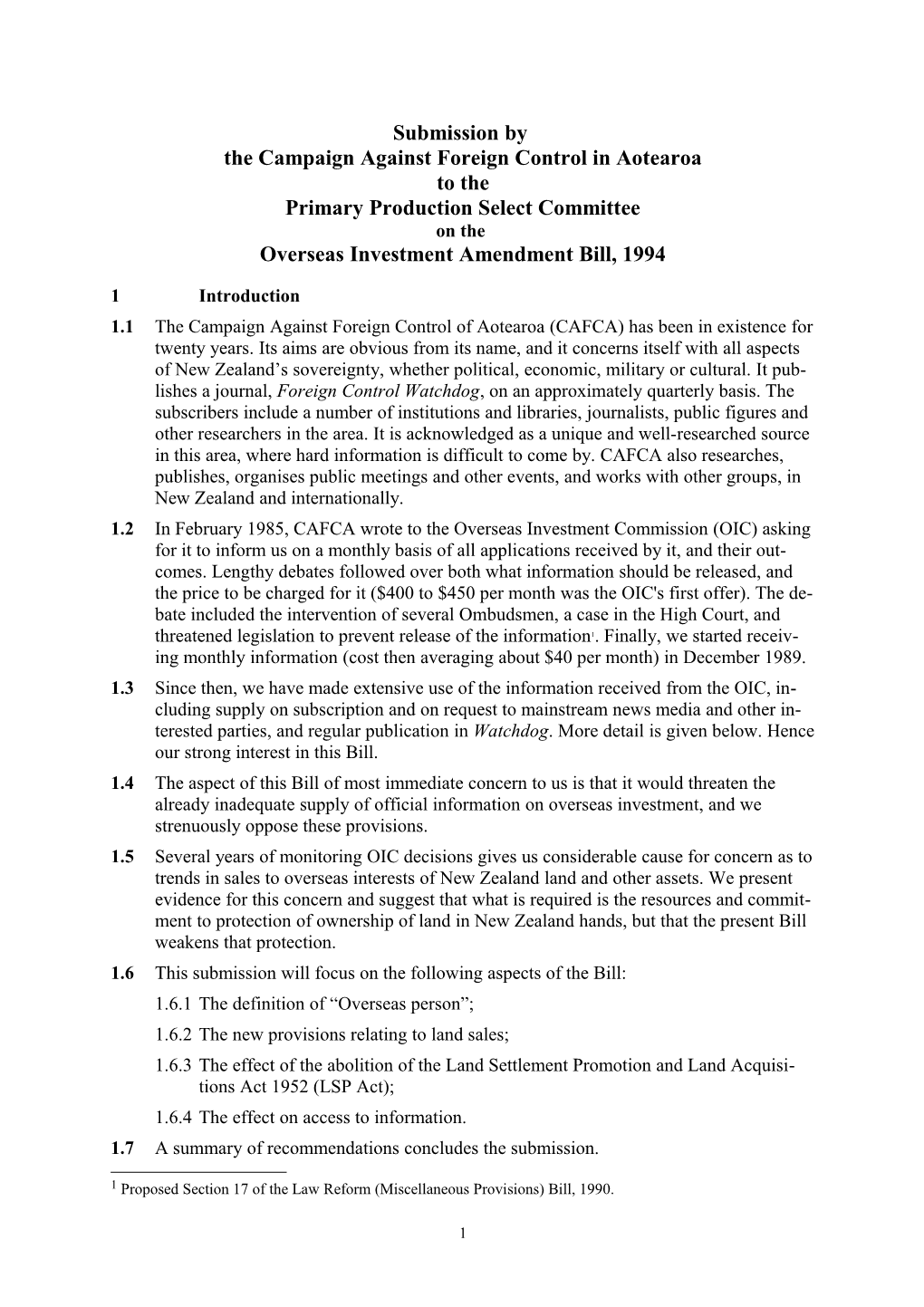 Overseas Investment Amendment Bill, 1994