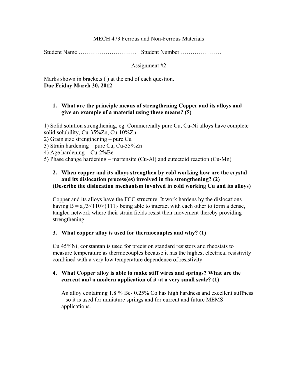 MECH 473 Ferrous and Non-Ferrous Materials