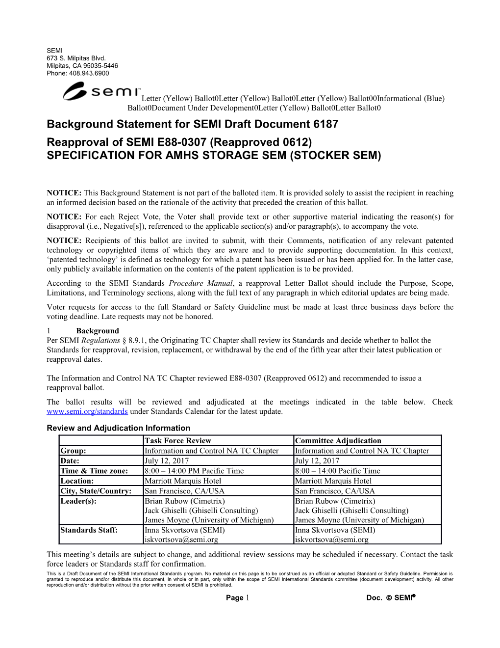 Background Statement for SEMI Draft Document 6187