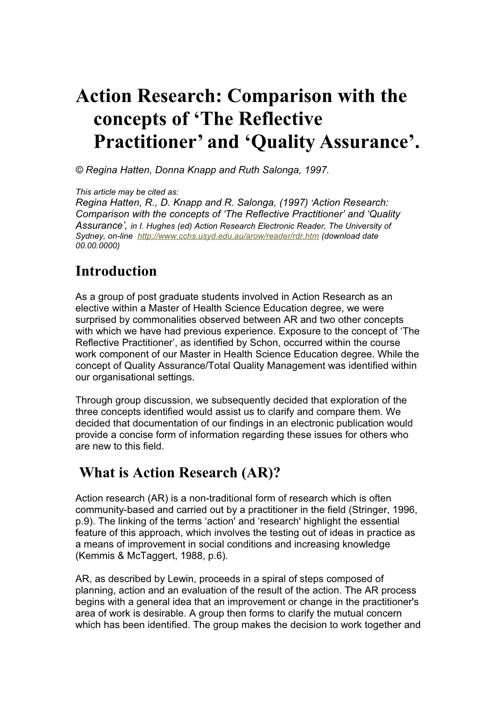 Action Research: Comparison with the Concepts of the Reflective Practitioner and Quality