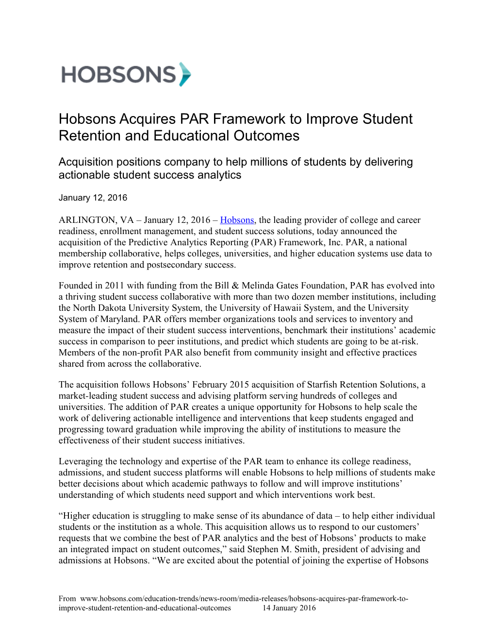 Hobsons Acquires PAR Framework to Improve Student Retention and Educational Outcomes