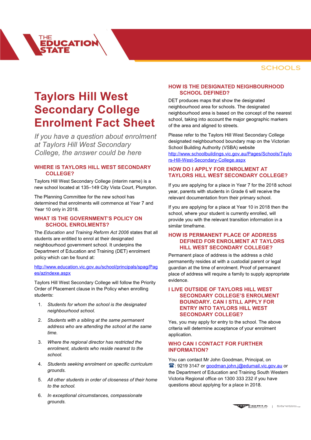 BRI011323 Attachment 1 - Education State Fact Sheet - Taylors Hill West Secondary College