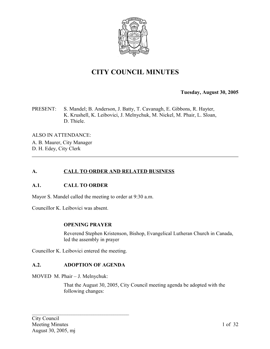 Minutes for City Council August 30, 2005 Meeting