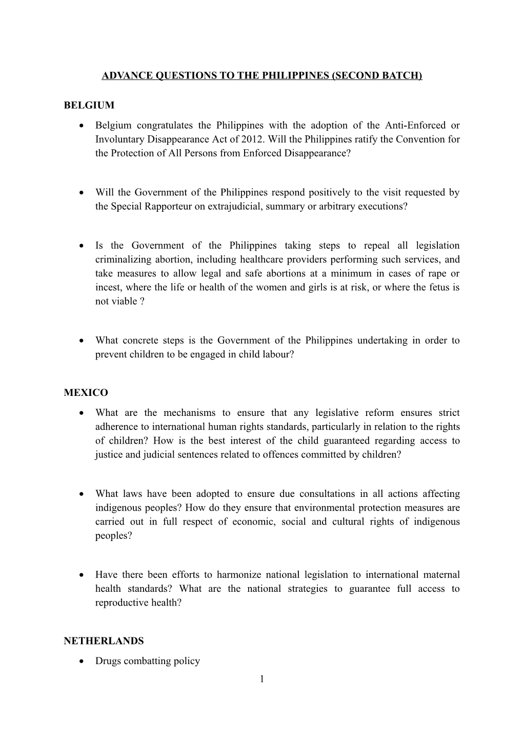 UPR Advance Questions - Philippines