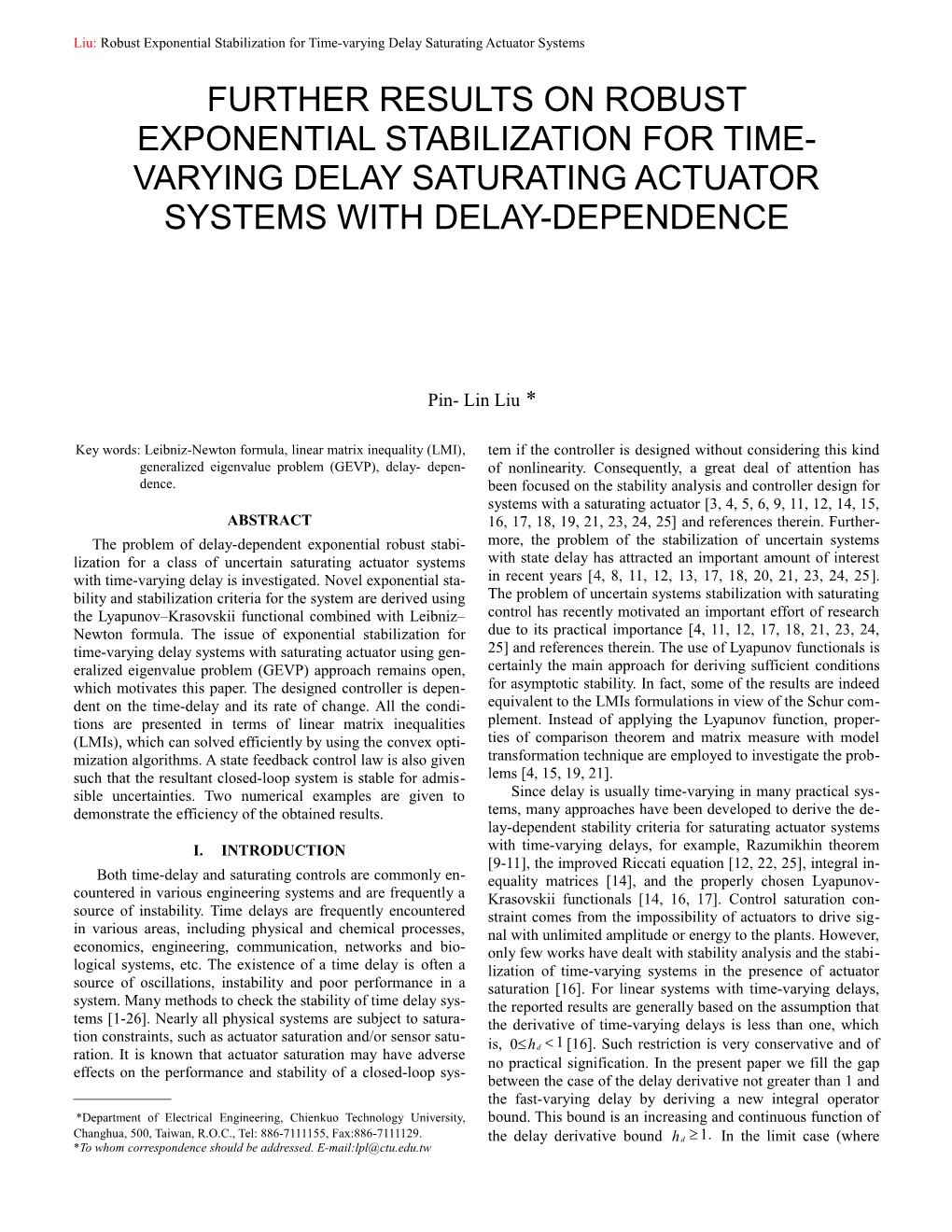 Liu:Robust Exponential Stabilization for Time-Varying Delay Saturating Actuator Systems